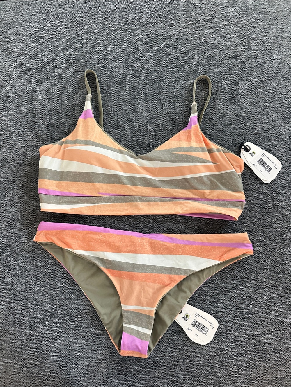NWT PRANA Striped Two-Piece Bikini Set in MULTI STRIPE REVERSIBLE TOP L BOTTOM M